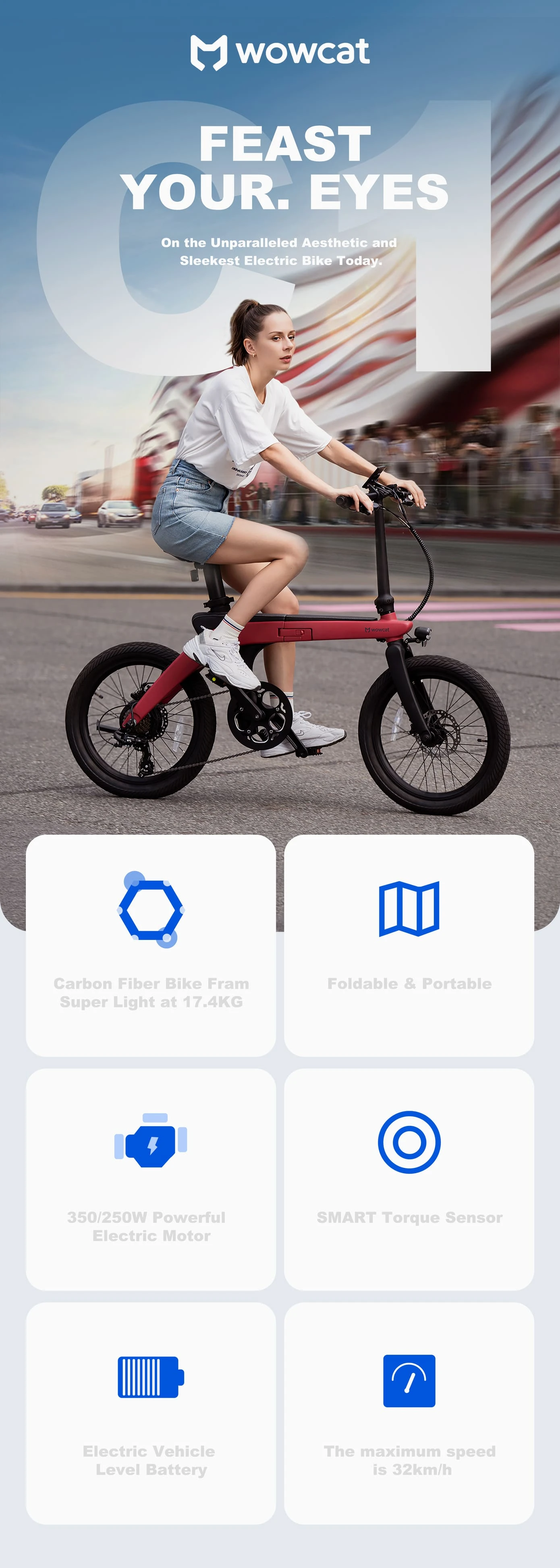 WOWCAT C1 จักรยานไฟฟ้าพับได้ โครงคาร์บอนไฟเบอร์ | 250W | วิ่งไกล 120 กม.