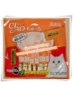 CIAO Churu เชา ชูหรุ ขนมแมวเลีย ครีมแมวเลีย รสเนื้อสันในไก่ผสมซีฟู้ด (ส้ม) แพ็คจัมโบ้ 14gx20