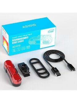 ไฟท้ายจักรยาน AS1010 แบบชาร์จไฟได้ พร้อมโหมดแสงหลายแบบ มี USB สำหรับชาร์จ ใช้งานได้นาน 4-8 ชม. เหมาะสำหรับปั่นตอนกลางคืน เพิ่มความปลอดภัยสูงสุด
