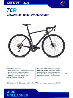 จักรยานเสือหมอบ GIANT TCR ADVANCED 1 DISC Pro compact, 22speeds Ultegra, GIANT MY2022