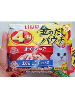 Inaba Pouch อาหารเปียก สำหรับแมว แพ็ค 4 ซอง รสปลาทูน่าในเยลลี่ x2 + รสปลาทูน่ากับปลาข้าวสารในเยลลี่ x2 จากประเทศญี่ปุ่น 60g (แดง)
