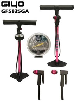 ที่สูบลมจักรยาน GIYO รุ่น GF-5825GA มีเกจวัด ใช้สูบได้ทั้งจุ๊บใหญ่ และจุ๊บเล็ก สลับเปลี่ยนได้ แรงอัดสูงสุด 160