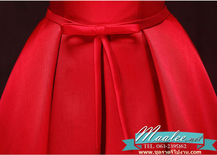 พร้อมเช่า ชุดราตรียาว แบบไหล่ปาด อกSweet heart สไตล์วินเทจผ้าไหมดัชเชส กระโปรงทรง A แต่งโบว์ ช่วงเอว (เชือกผูกหลัง) สีน้ำเงิน