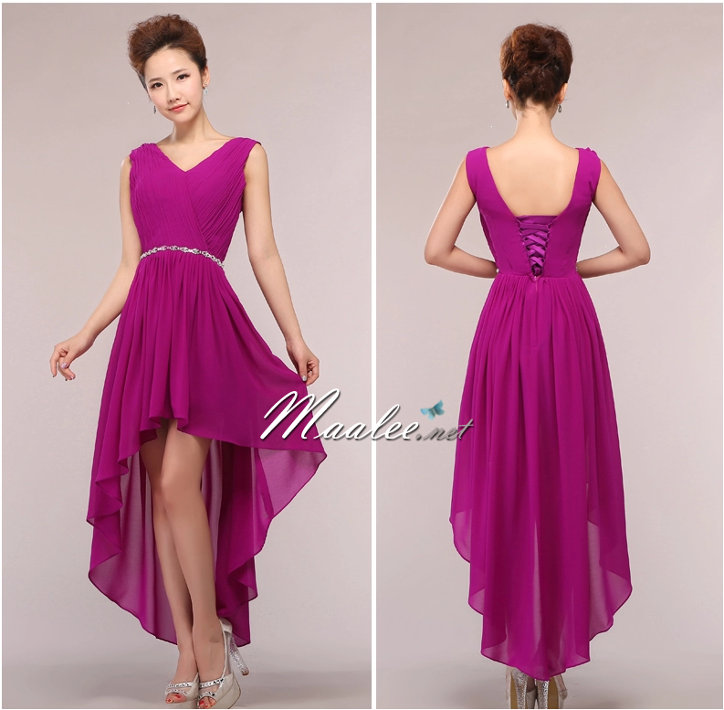 พร้อมส่ง ชุดราตรีสั้น แขนกุด หน้าสั้นหลังยาว สีม่วงเม็ดมะปราง คาดเอวคริสตัล