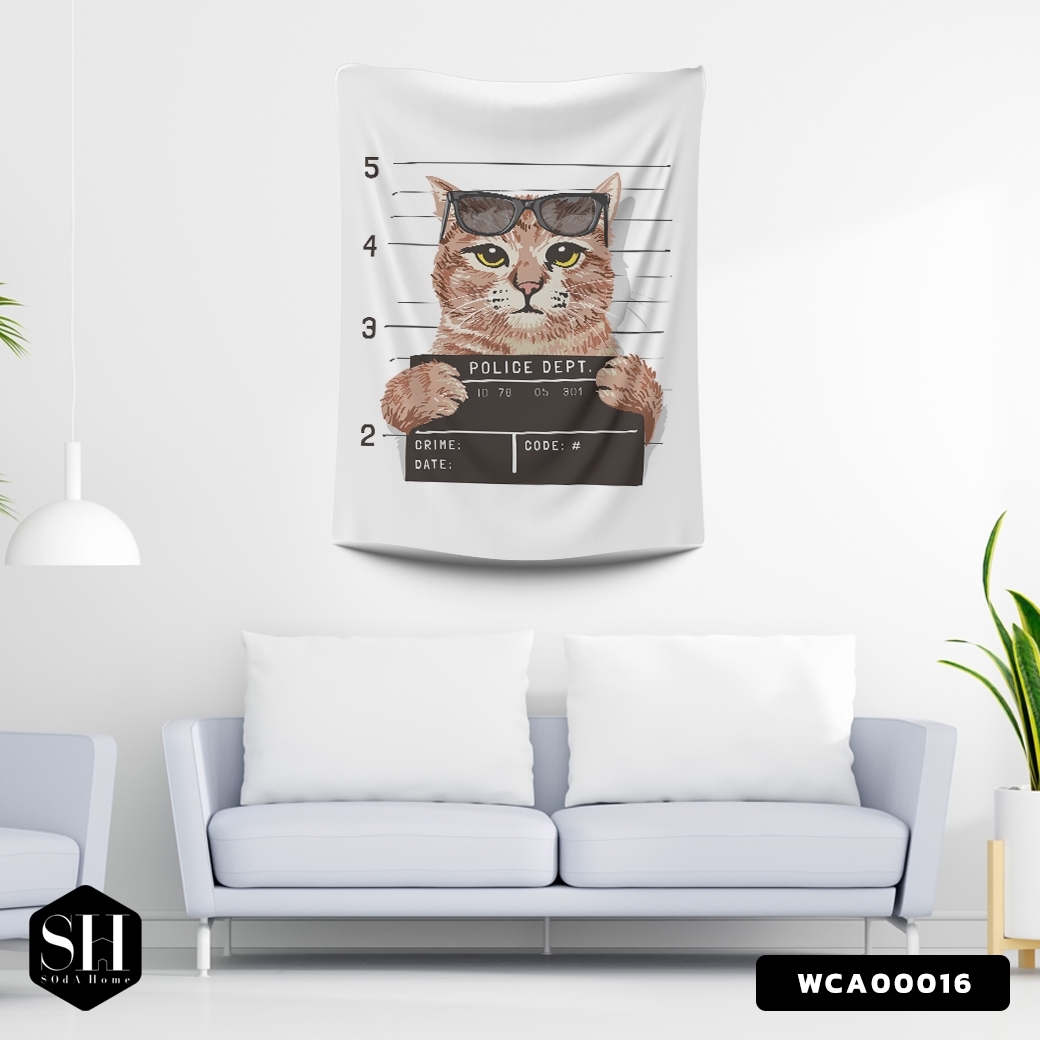 ผ้าติดผนัง ผ้าแขวนผนัง ผ้าตกแต่ง WANTED CAT WCA00016 #SOdAhome #SOdAPrintinG #WallCloth #แมว #ทาสแมว