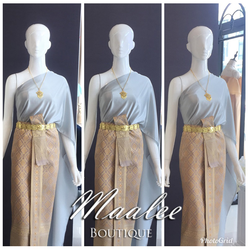 เช่า ชุดไทย ชุดเพื่อนเจ้าสาว ชุดไทยผ้าถุงสีทอง สไบเรียบ สีเทา