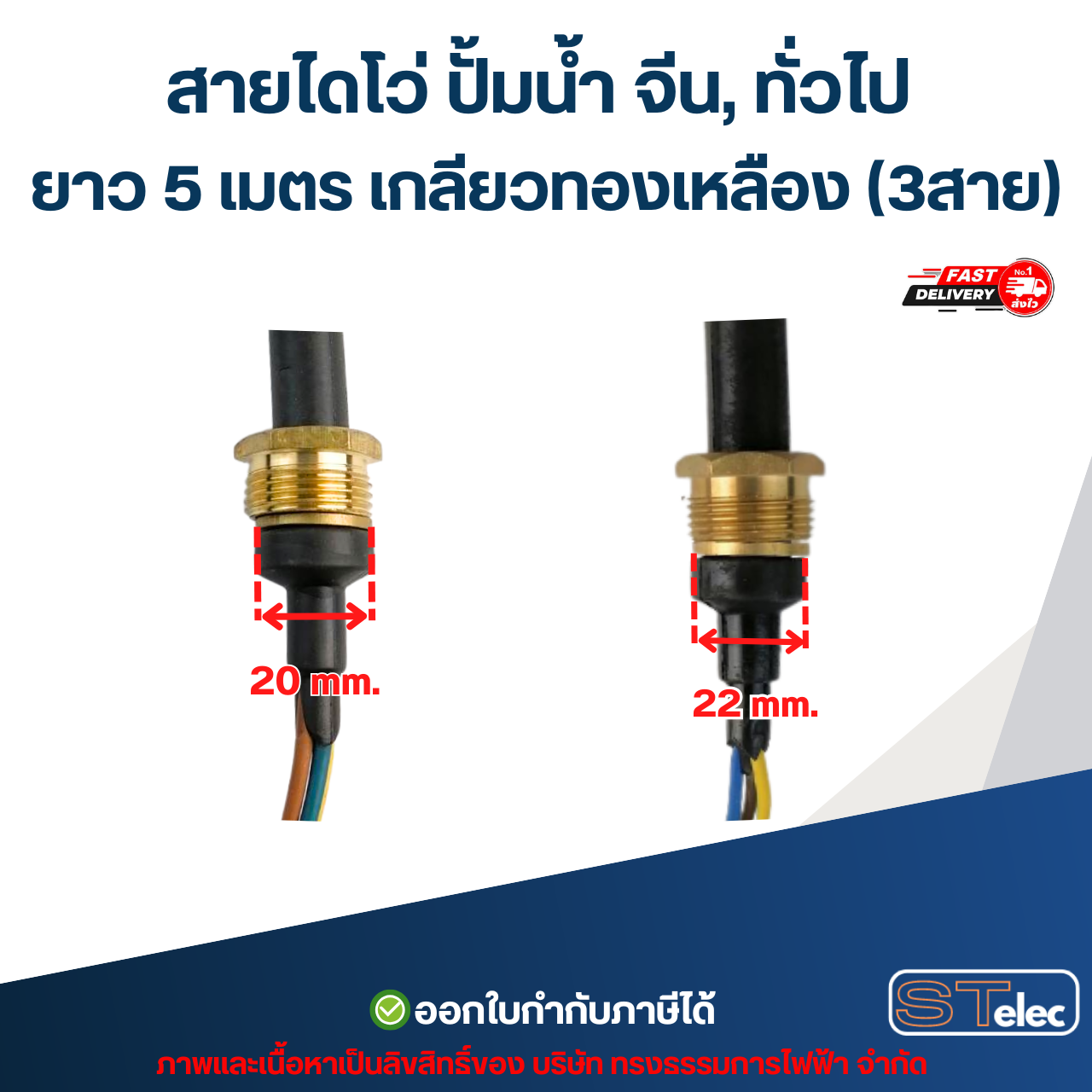 สายไดโว่ ปั้มน้ำ จีน, ทั่วไป ยาว 5 เมตร เกลียวทองเหลือง (3สาย)