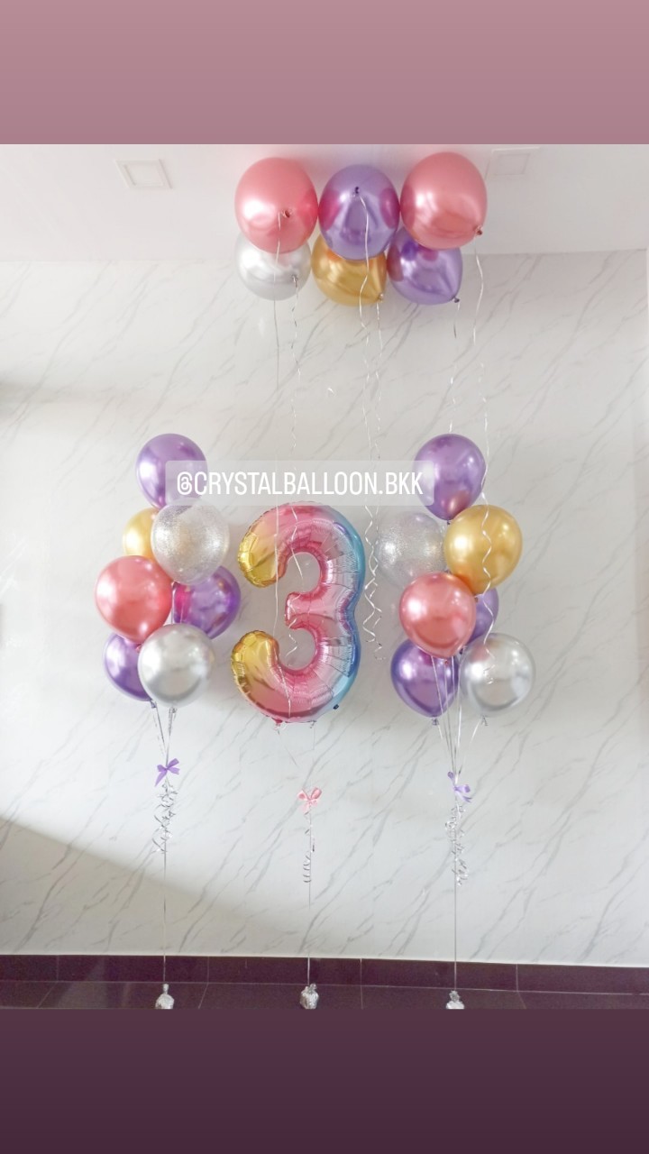 ลูกโป่ง วันเกิดเด็ก ช่อลูกโป่งสีโครเมี่ยม ช่อ 7 ลูก 2 ช่อ พร้อม ฟอยล์ตัวเลข ขนาด 40" 1 ชิ้น พร้อม ลูกโป่งลอยฝ้า 6 ลูก สามารถเปลี่ยนสีลูกโป่งได้