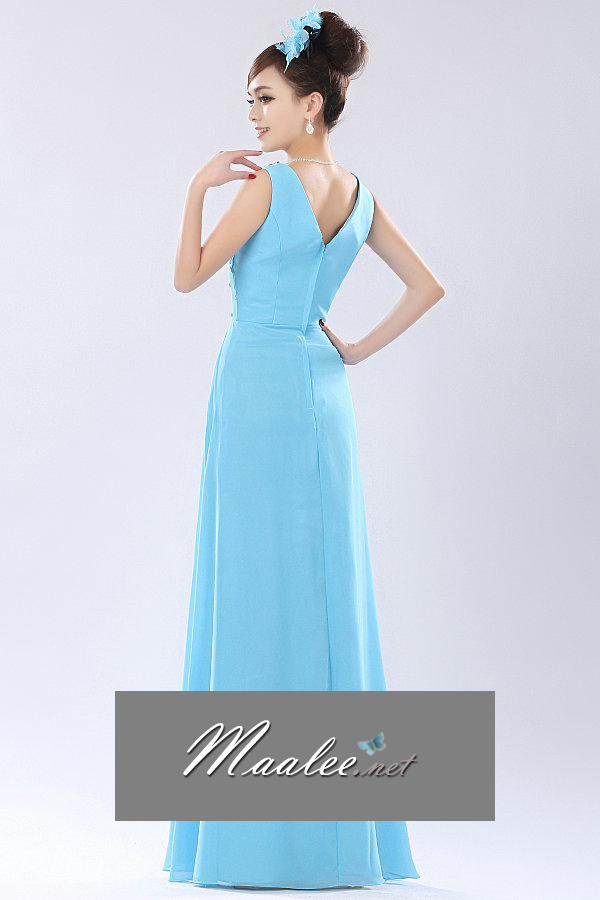 พร้อมเช่า ชุดราตรียาว แขนกุด สไตล์กรีก ปักเลื่อมช่วงไหล่และเอว ผ้าชีฟองจับเดรป สีเขียว Mint