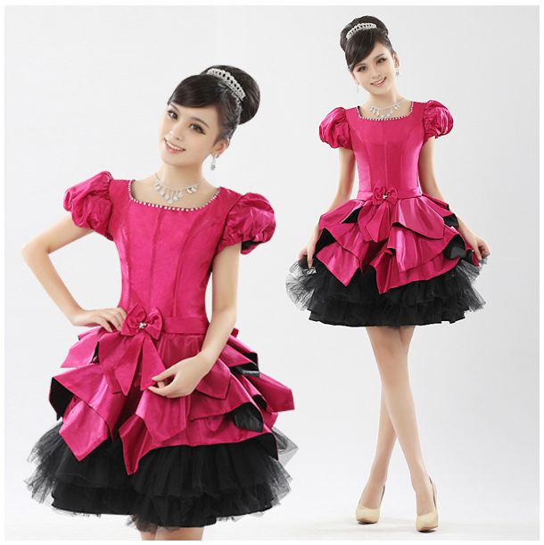 พร้อมเช่า ชุดแฟนซี เช่า 500 ชุดราตรีสั้น กระโปรงทรงบอลลูน สีชมพู ดำ แขนตุ๊กตา