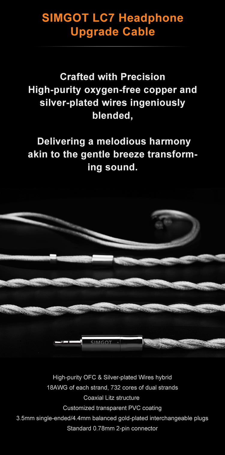 Simgot LC7 สายอัพเกรดหูฟัง OFC+ชุบเงิน โครงสร้าง Coaxial Litz เปลี่ยนหัวแจ็คได้