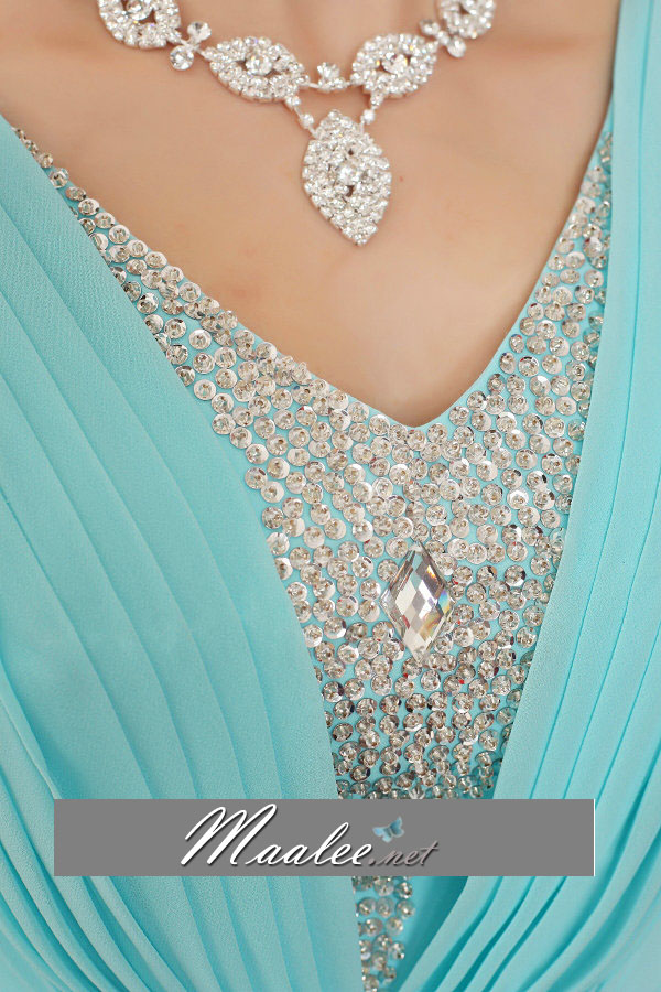 พร้อมเช่า ชุดราตรียาว สีฟ้า ผ้าชีฟอง จอเจีย แขนระบาย ทิ้งชายสวย