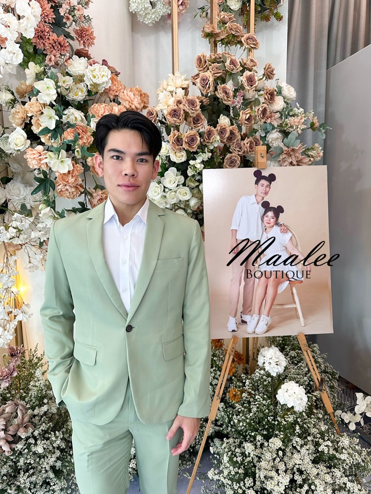 พร้อมเช่า ชุดสูทชาย สีชาเขียว งานตัดสูทพลัสไซส์ (ไม่มีกั๊ก)