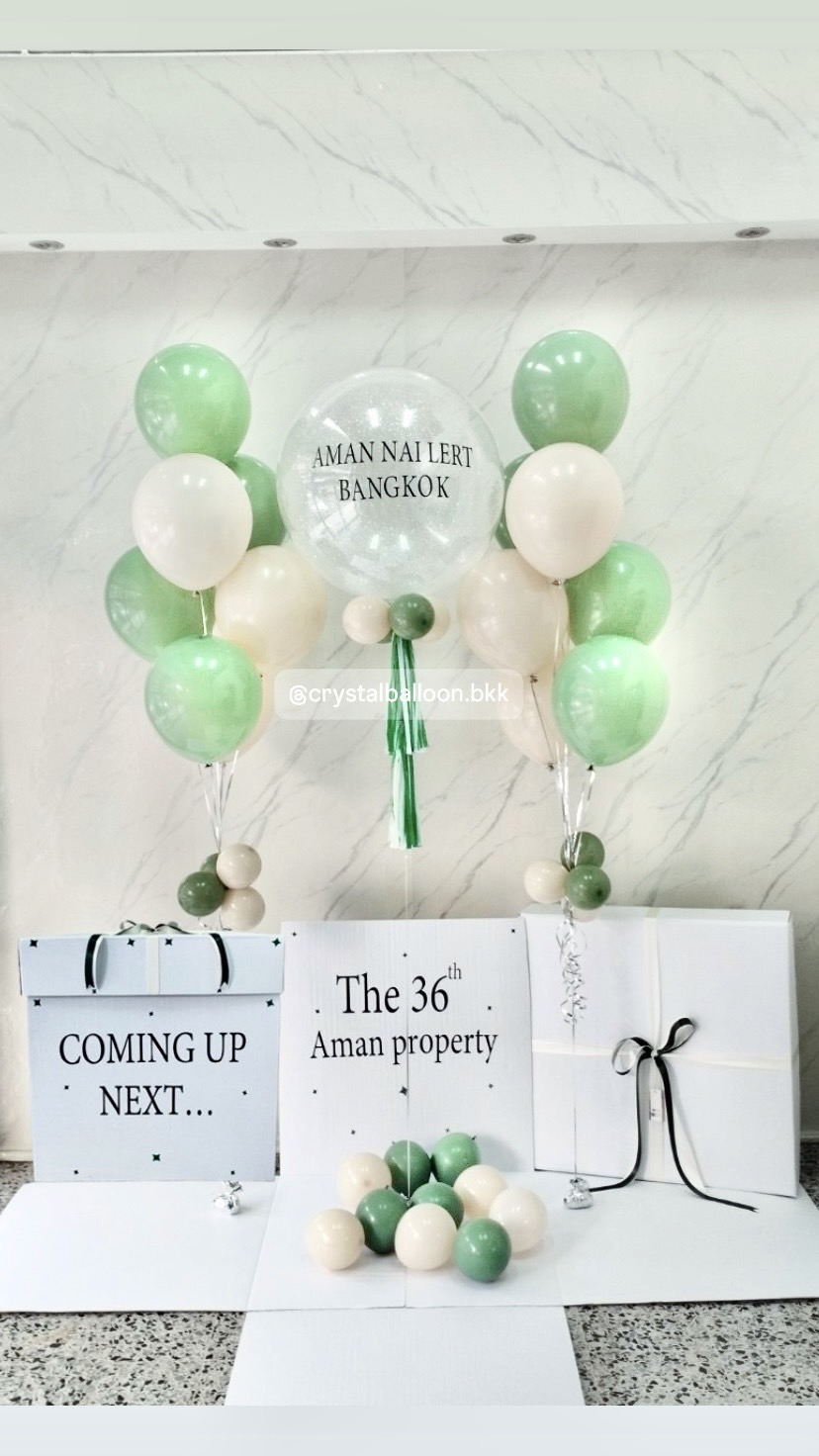 Surprise Box กล่องเซอร์ไพรส์ Bubble ขนาด 24" กลิตเตอร์สีขาวมุก พร้อมตกแต่ง สามารถใส่รูปได้ 4 ใบ สามารถเปลี่ยนสีลูกโป่ง/เปลี่ยนข้อความได้