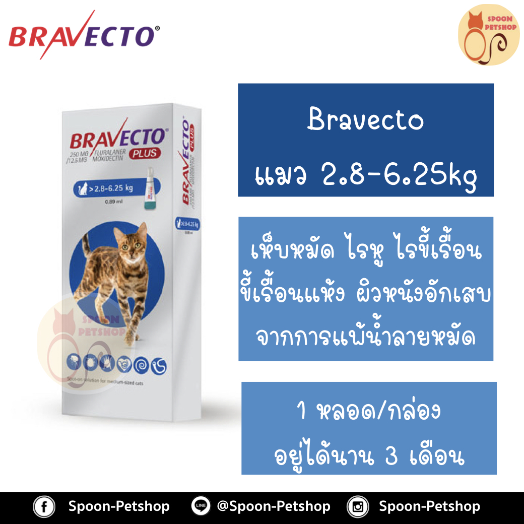 Bravecto บราเวคโต สำหรับแมว น้ำหนัก 2.8-6.25kg 1 กล่อง มี 1 หลอด อยู่ได้นาน 3 เดือน
