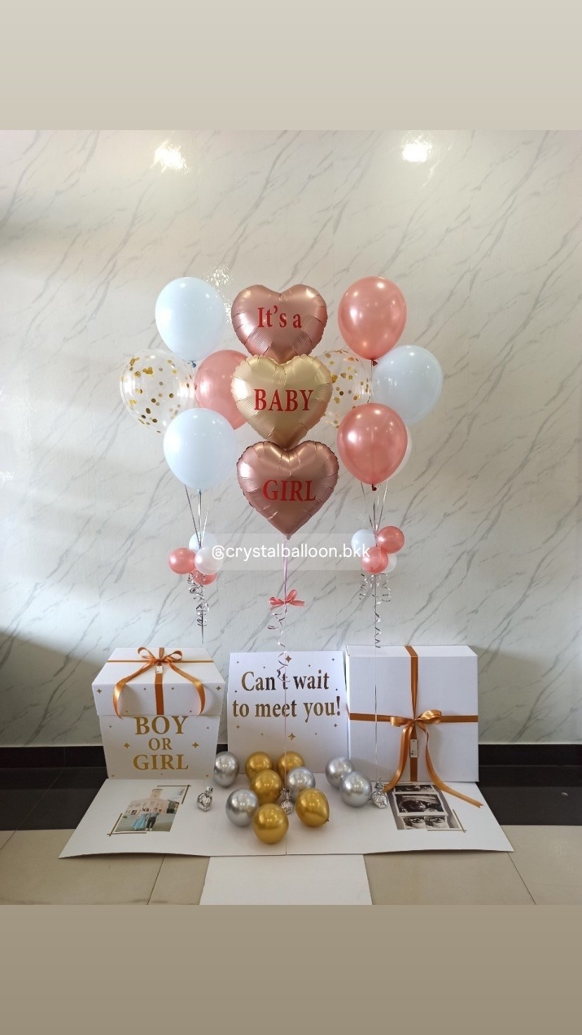 Gender Reveal Surprise Box กล่องเซอร์ไพรส์ทายเพศ พร้อม ฟอยล์หัวใจ 18" 3 ชิ้น , ลูกโป่งช่อ 5 ลูก 2 ช่อ , พร้อมตกเเต่ง สามารถใส่รูปได้ 2 ใบ สามารถเปลี่ยนสีลูกโป่ง/เปลี่ยนข้อความ/เปลี่ยนสีฟอยล์ตกเเต่งได้