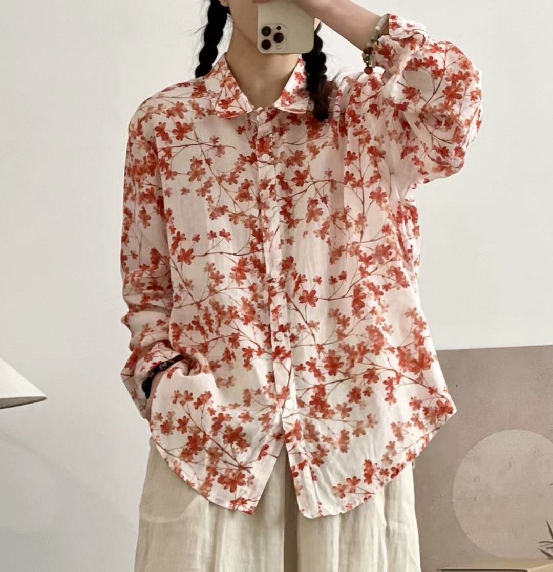 เสื้อเชิ้ตผ้าลินินลายดอกไม้