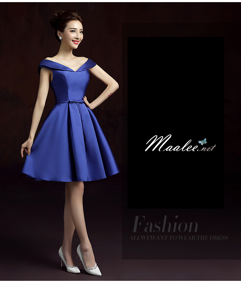 พร้อมเช่า ชุดราตรีสั้น แบบไหล่ปาด สไตล์วินเทจผ้าไหมดัชเชส กระโปรงทรงA แต่งโบว์ช่วงเอว (เชือกผูกหลัง) สีน้ำเงิน