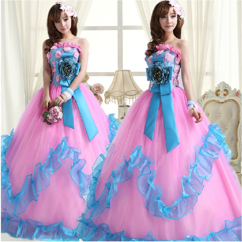 พร้อมเช่า ชุดแฟนซี ชุดราตรี เกาะอก สีชมพู ฟ้า Pastel สุดหวาน แต่งระบายกระโปรง