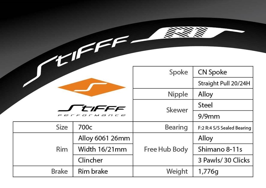 ชุดล้อเสือหมอบ Stifff R1 อลูมิเนียม 700c รองรับ 11 สปีด ขอบสูง 26 มม.