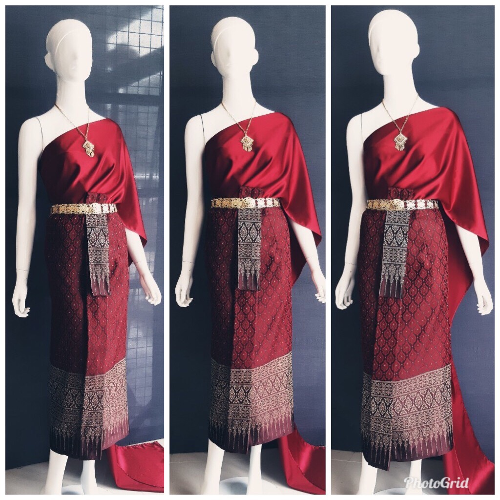 พร้อมส่ง ชุดไทย ชุดเพื่อนเจ้าสาว ชุดไทยผ้าถุงสีแดง สไบเรียบสีแดง
