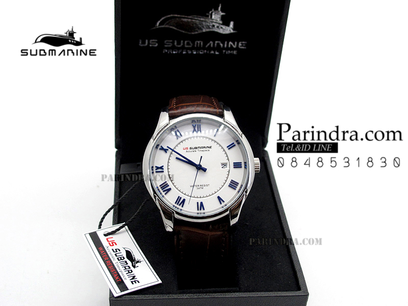 นาฬิกา US Submarine J118MD ของแท้ 100 % สายหนังน้ำตาลหน้าปัดขาว