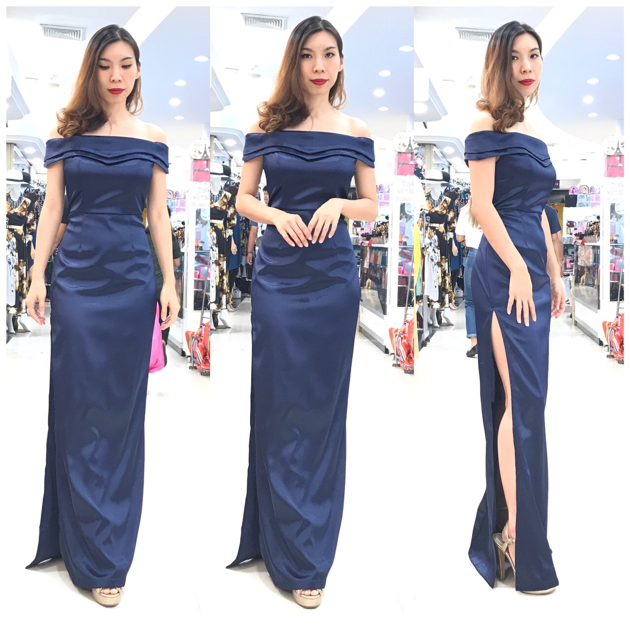 พร้อมเช่า ชุดเดรส ไหล่ปาดเว้าหัวใจ ผ่าข้าง ผ้าดัชเชส สีกรมท่า