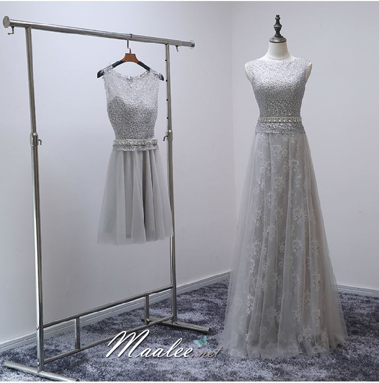 พร้อมเช่า ชุดราตรีสั้น แขนกุด แต่งลูกไม้ เอวคาดเพชรหรู กรโปรงตาข่าย ด้านหลังซีทรูแนวเซ็กซี่ สีเทา