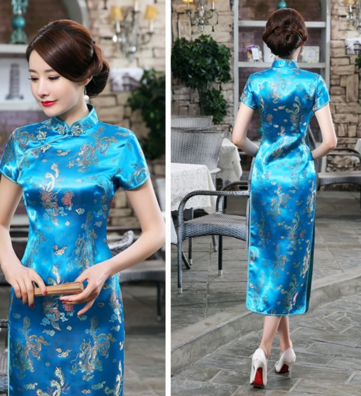 Pre-order กี่เพ้า สีฟ้า ลายมังกรนกฟินิกซ์ ผ้าไหมจีน กุ๊นขอบ ตัดเย็บอย่างดี