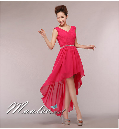 พร้อมส่ง ชุดราตรีสั้น แขนกุด หน้าสั้นหลังยาว สีชมพู Hot Pink คาดเอวคริสตัล
