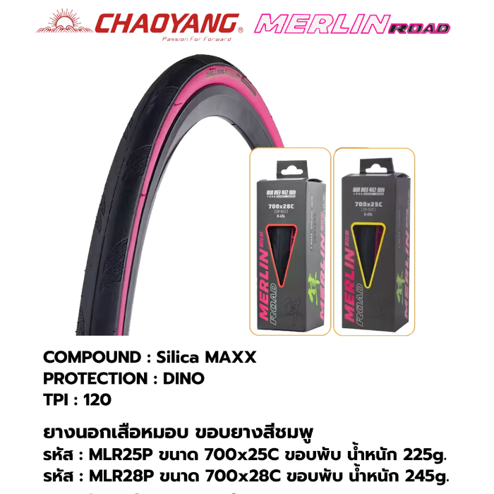 ยางนอก CHAOYANG MERLIN ROAD 700x25C-28C ขอบพับ – กันหนาม Kevlar® สีสันแฟชั่น 2025 | เริ่มต้น 650 บาท