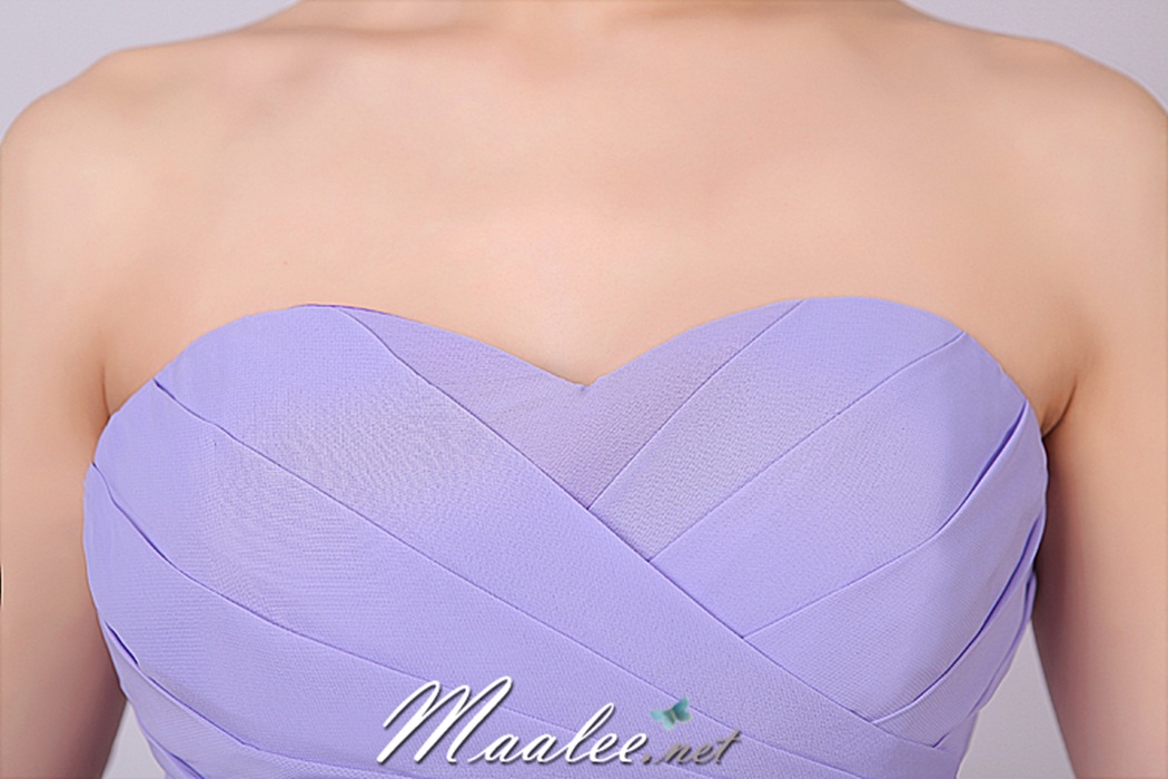 พร้อมส่ง ชุดราตรีสั้น เกาะอก สีม่วง Lavender คอเว้ารูปหัวใจ จับเดรปหน้าอก แต่งคาดเอวซาติน