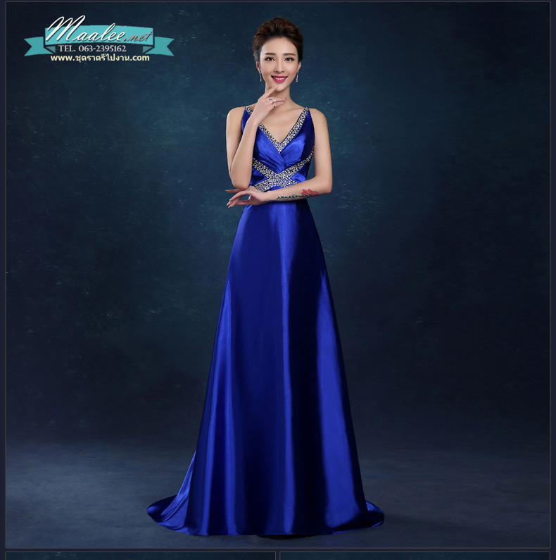 พร้อมเช่า ชุดราตรียาว สายเดี่ยว ปักเลื่อมรูปตัว X หางยาว สีน้ำเงิน