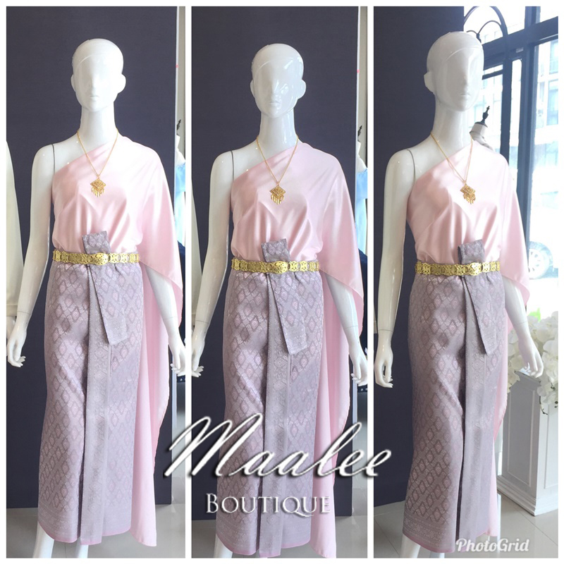 เช่า ชุดไทย ชุดเพื่อนเจ้าสาว ชุดไทยผ้าถุงสีเทาชมพูเงิน สไบเรียบ สีชมพู อ่อน