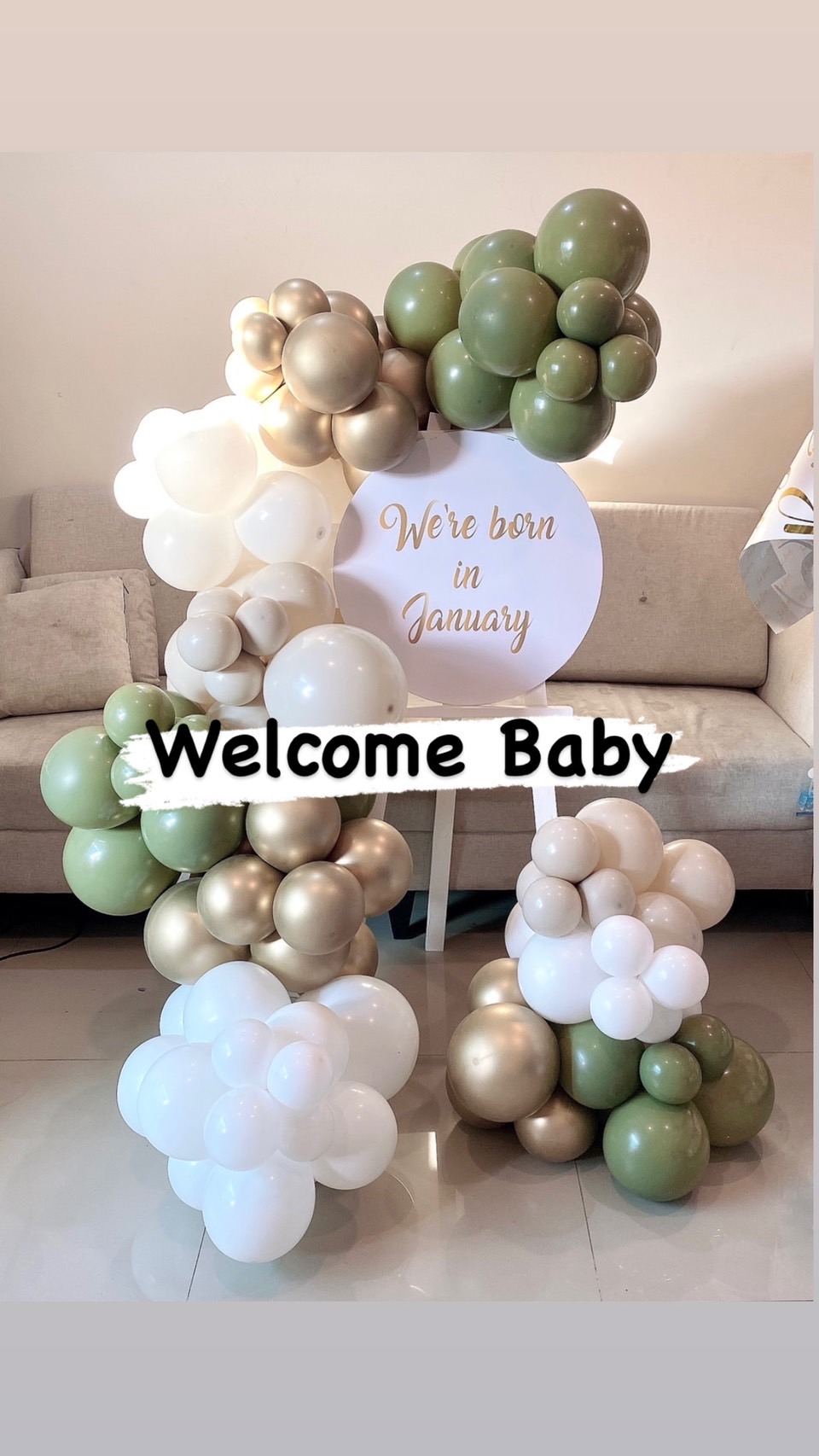 Organic รูปแบบใหม่ ไม่ซ้ำใคร แบบ Welcome Baby พร้อมตกแต่ง ป้ายกลม สามารถเปลี่ยนสีลูกโป่งได้