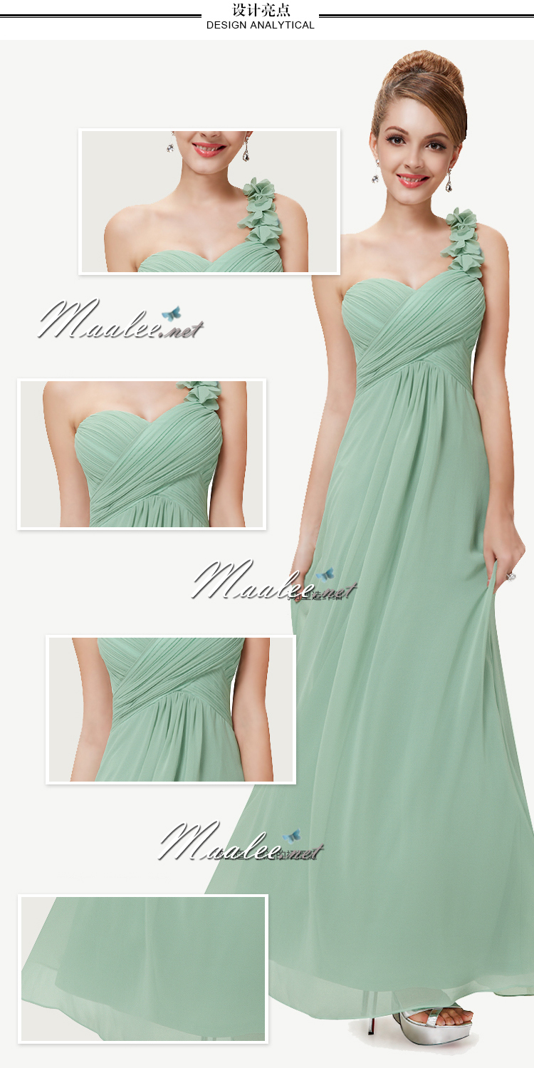 พร้อมเช่า ชุดราตรียาว เกาะอก ไหล่เดียว สีฟ้า จับเดรปไขว่ช่วงหน้าอก แต่งดอกไม้ช่วงไหล่ (XL - 4XL)