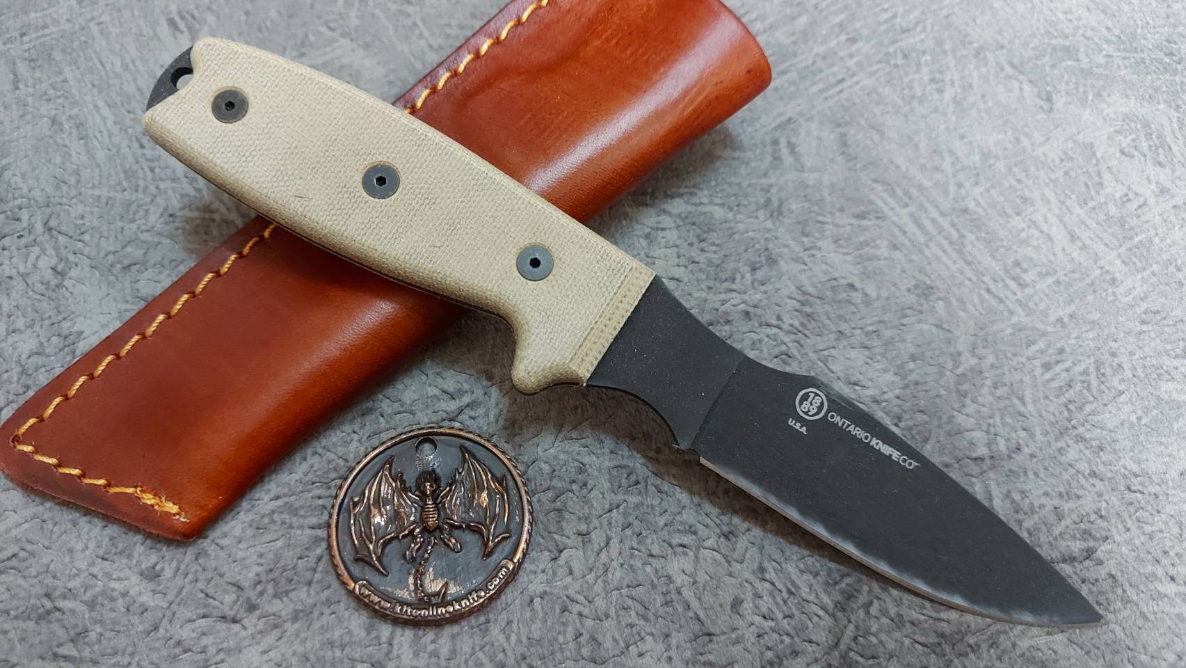 Ontario OKC RAT-3 Caper Fixed Blade Knife Tan Micarta (3" Black)