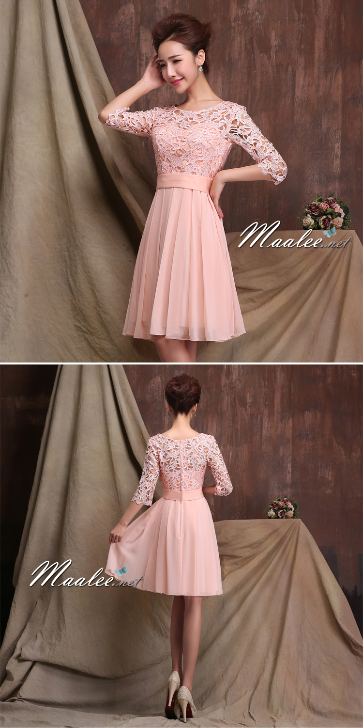 พร้อมเช่า ชุดราตรีสั้น สีชมพู แขนสามส่วน ลูกไม้ฉลุ กระโปรงผ้าชีฟอง