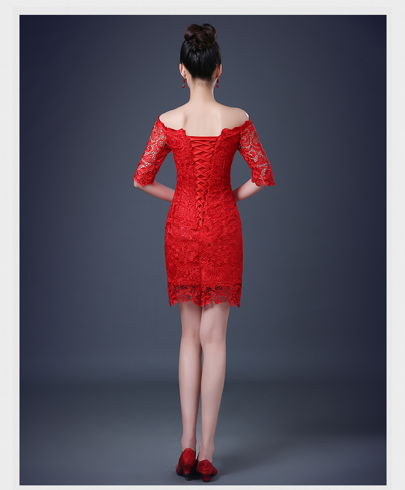 พร้อมส่ง ชุดราตรีสั้น สีแดง ลูกไม้ทัั้งตัว เปิดไหล่ แขนสามส่วน เข้ารูปสวย