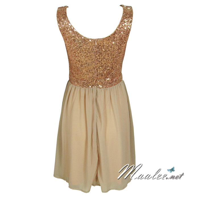 พร้อมส่ง ชุดราตรีสั้น แขนกุด สี Nude แต่งเลื่อมสีชมพู กระโปรงผ้าชีฟอง (เหลือเฉพาะไซส์ XL )