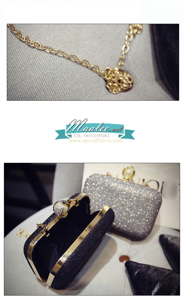 พร้อมส่ง Evening Clutch กระเป๋าออกงาน ทรงสี่เหลี่ยม ขนาดจับถนัดมือ หรูหราจุกเปิดมุก พร้อมสายโซ่สะพายยาว (เลือกแบบสีด้านล่าง)