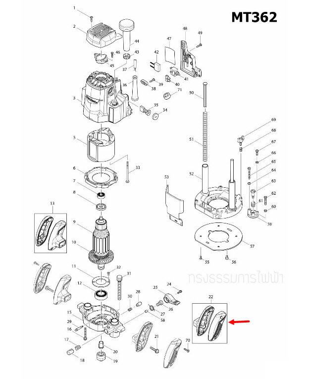 ด้ามจับด้านขวา เราท์เตอร์ (Router) Maktec-มาคเทค MT362 [#22] Pn.187515-5 (แท้)##