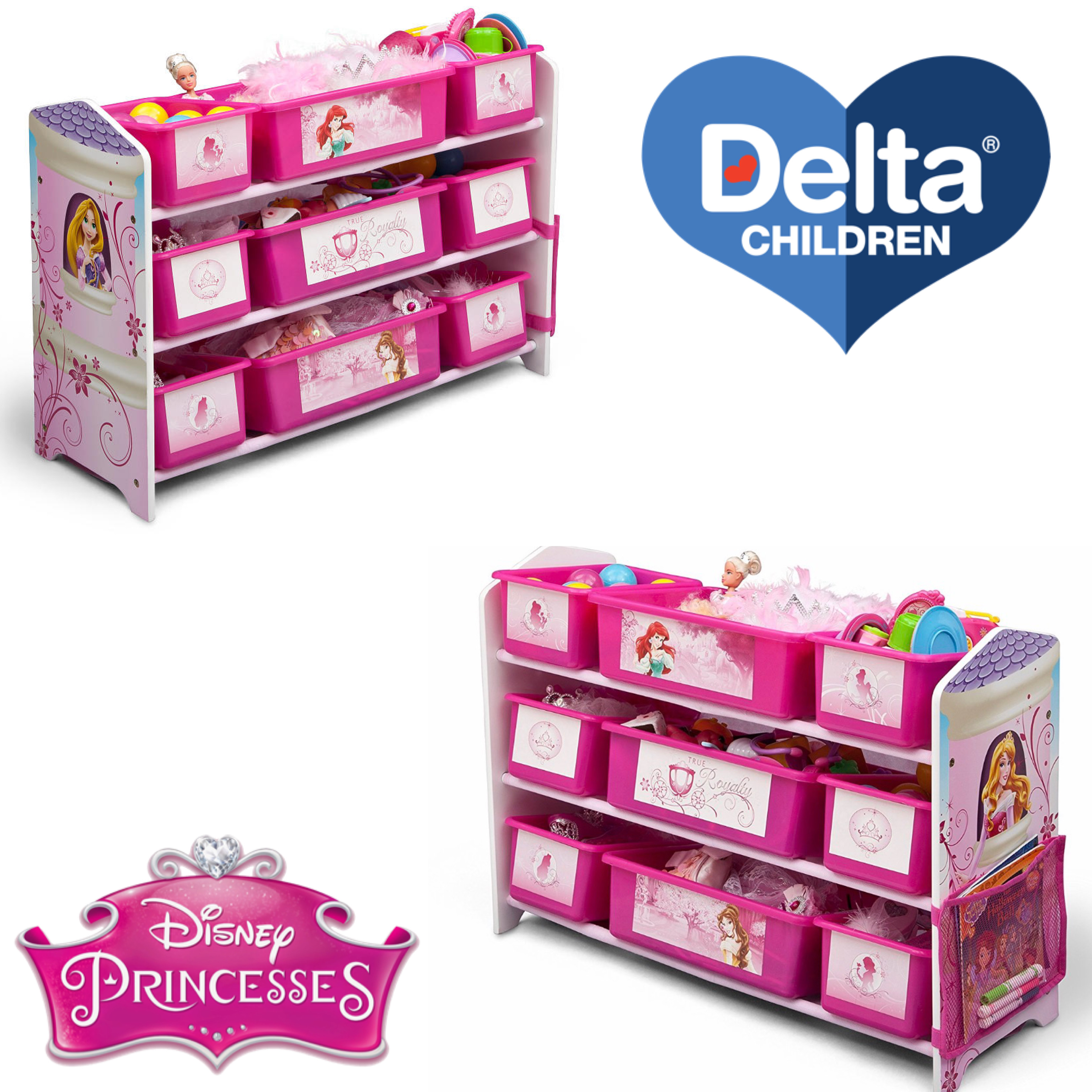 Delta Children Disney Princess Deluxe 9 Bin Plastic Organizer ชั้นเก็บของเด็กแบบกล่องพลาสติก 9 ช่อง หรูหรา ขนาดใหญ่ ลายเจ้าหญิงดิสนีย์ ลิขสิทธิ์แท้จากอเมริกา