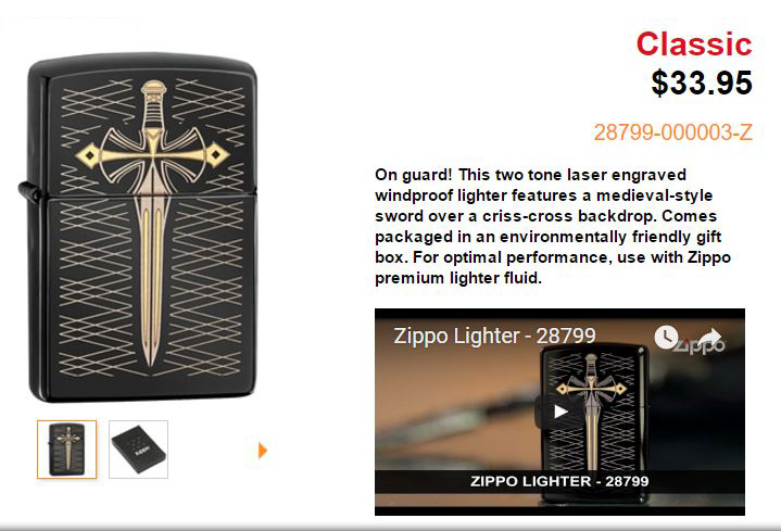ไฟแช็ค Zippo แท้ ลายดาบอัศวินสีทอง " Zippo 28799, Sword, Gold Dagger " แท้นำเข้า 100%