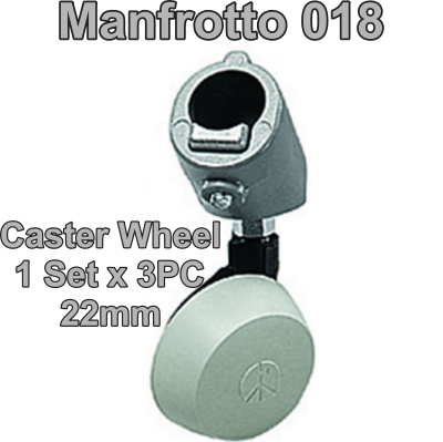 ล้อเลื่อน Manfrotto 018 Caster Wheel Set บรรจุชุดละ 3 ตัว ใช้สวมกับขาตั้งหัวไฟทุกชนิด เพื่อเลื่อนไปมา ใช้กับขาตั้งที่มีเส้นผ่าศูนย์กลาง 22มม ประกันศูนย์ 5 ปี