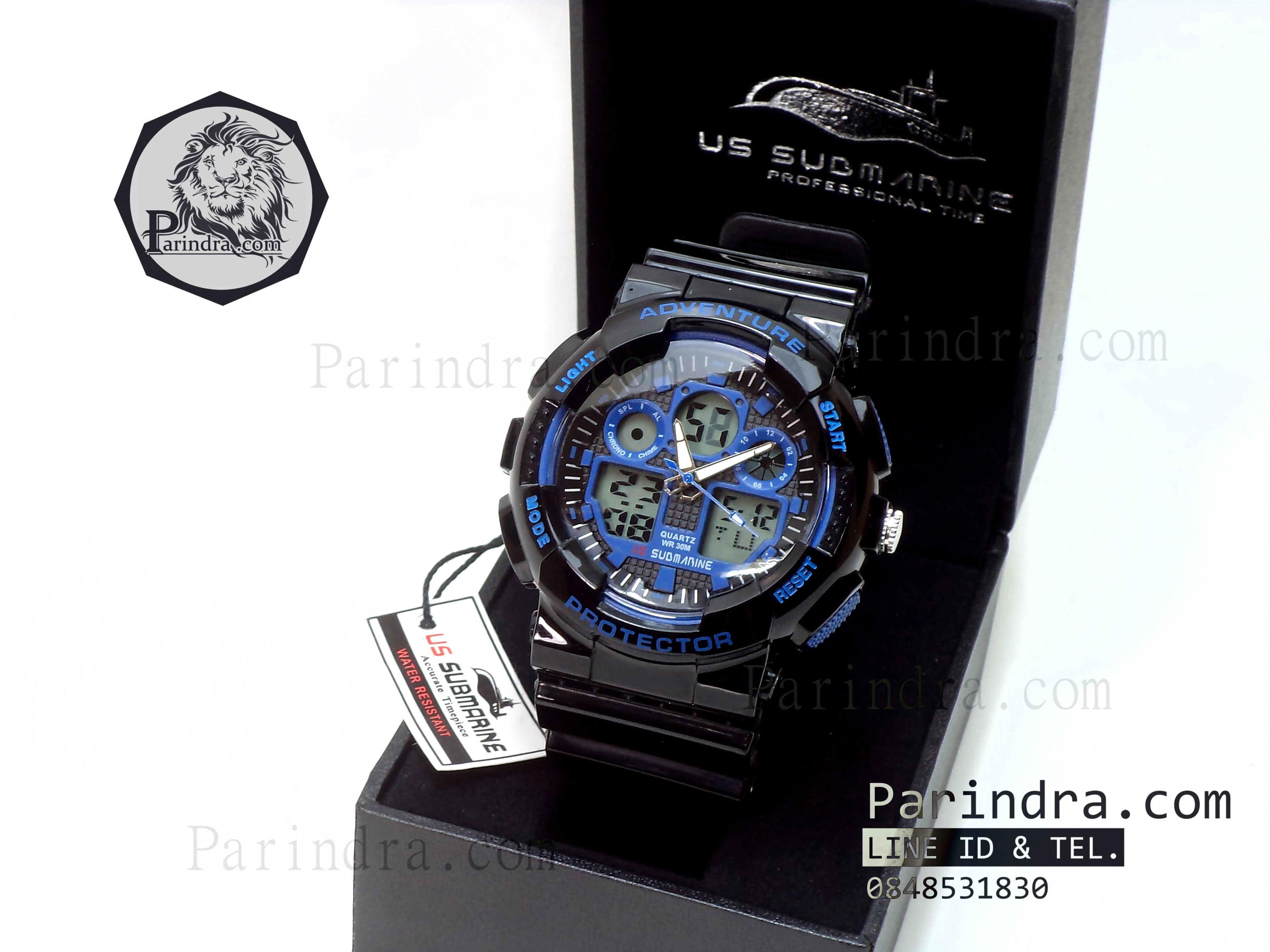 นาฬิกา US submarine Adventure Protector รุ่น TP3129M สีดำตัดน้ำเงินผิวมัน พื้นหลังเทา