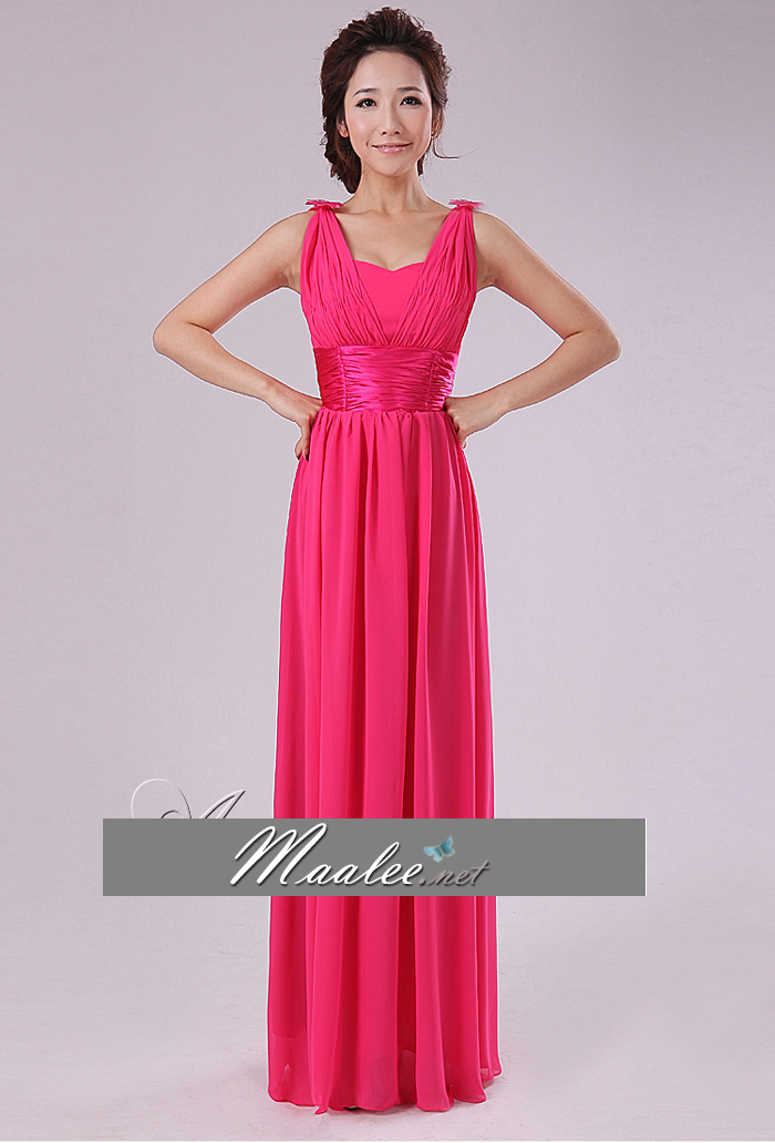 พร้อมส่ง ชุดราตรียาว สไตล์กรีก ผ้าชีฟอง สีชมพู Hot Pink คาดเอวผ้าซาติน เรียบหรู