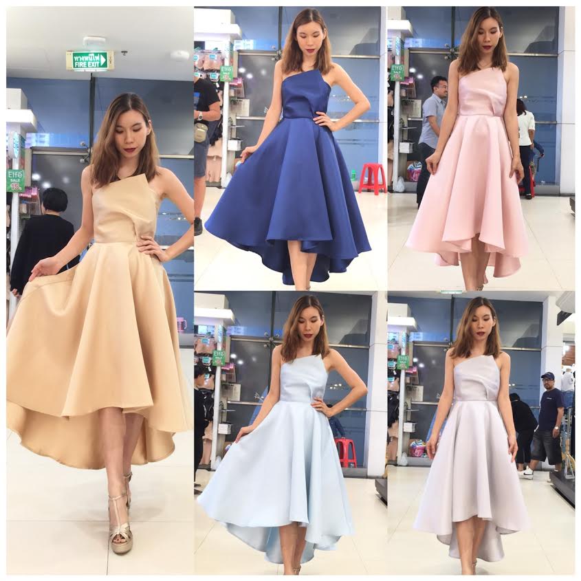 พร้อมเช่า ชุดเดรสเนื้อไหม เกาะอกจับเดรป ชายย้วย หน้าสั้นหลังยาว สีน้ำเงิน