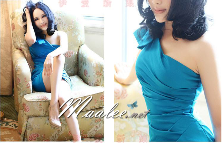 พร้อมเช่า ชุดราตรี สีทอง Champagne บ่าเฉียง ทรงเข้ารูป ผ้าซาติน แต่งโบว์ที่ไหล่ (ซิปหลัง)