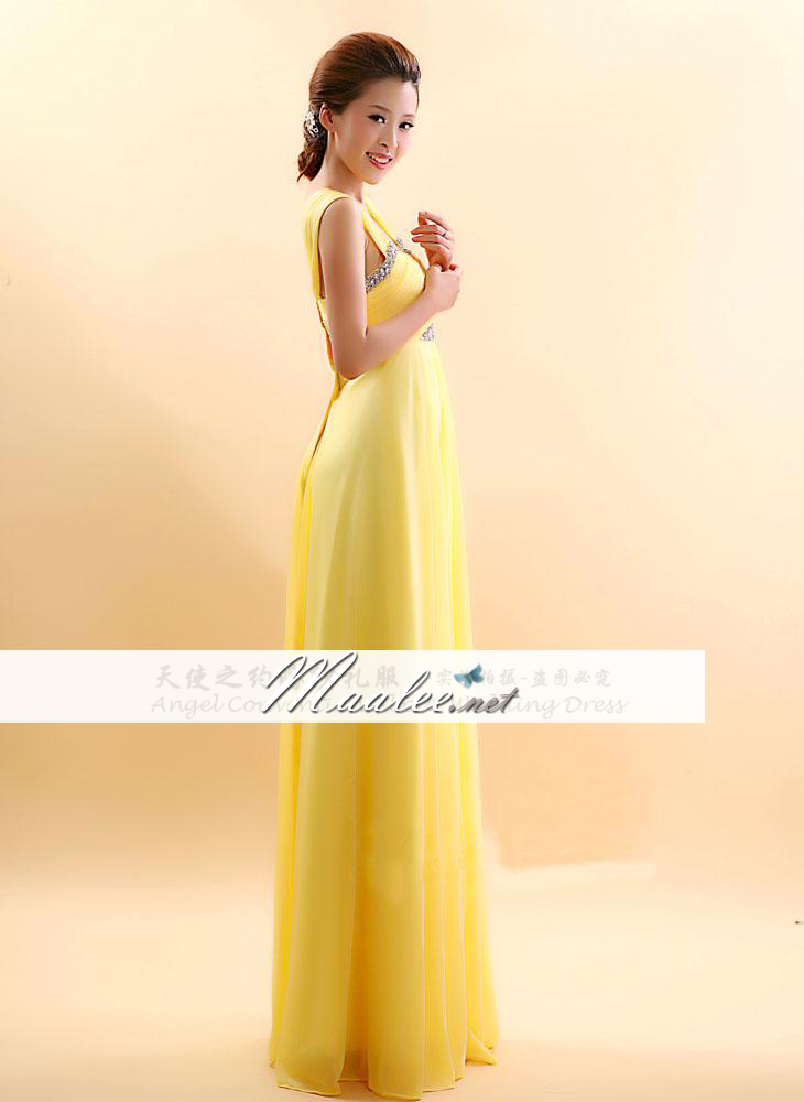 พร้อมส่ง ชุดราตรียาว ผ้าชีฟอง สีเหลือง แต่งคริสตัลหรูช่วงอกและเอว